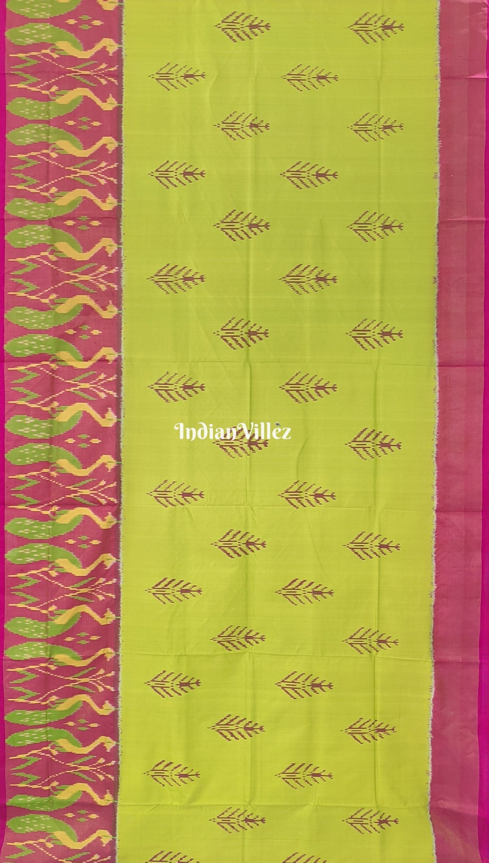Fluorescent Green Magenta Peacock Design Pochampally Ikat Silk Saree