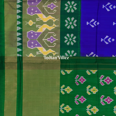 Blue Green Floral Design Pochampally Ikat Silk Saree