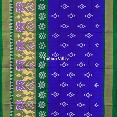 Blue Green Floral Design Pochampally Ikat Silk Saree
