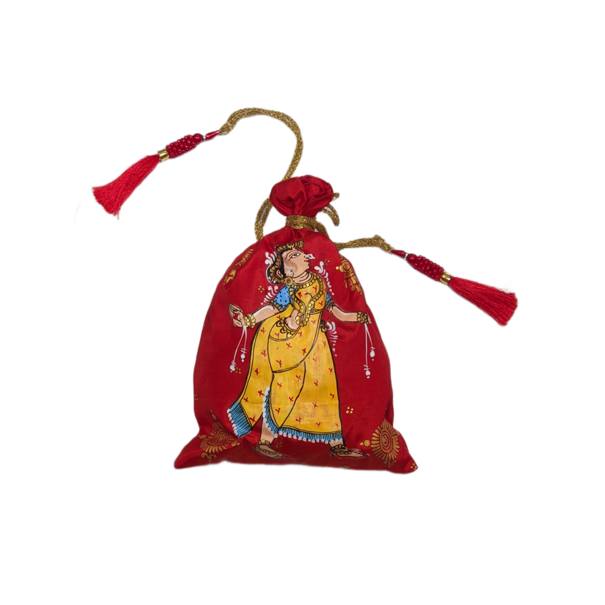 Red Yellow  Pattachitra Potli Bag