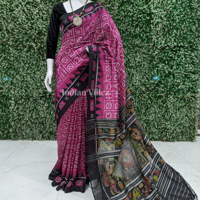 Rani Pink Odia Varnamala Contemporary Silk Saree with Pasapali Border