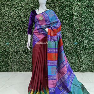 Maroon with Multicolor Double Pallu Phoda Kumbha Fish Motif Berhampuri Silk Saree