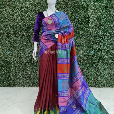 Maroon with Multicolor Double Pallu Phoda Kumbha Fish Motif Berhampuri Silk Saree