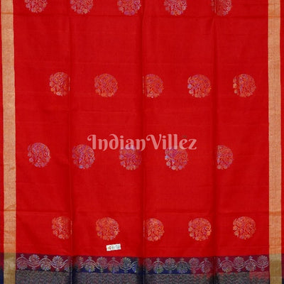 Red With Blue Pure Kanjivaram Soft Silk Saree