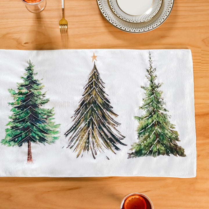 Grove Of Pine Trees Print Embellished White Dining Table Runner