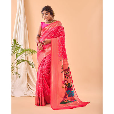 Bandhej Paithani Pink Paithani Silk Handwork Saree