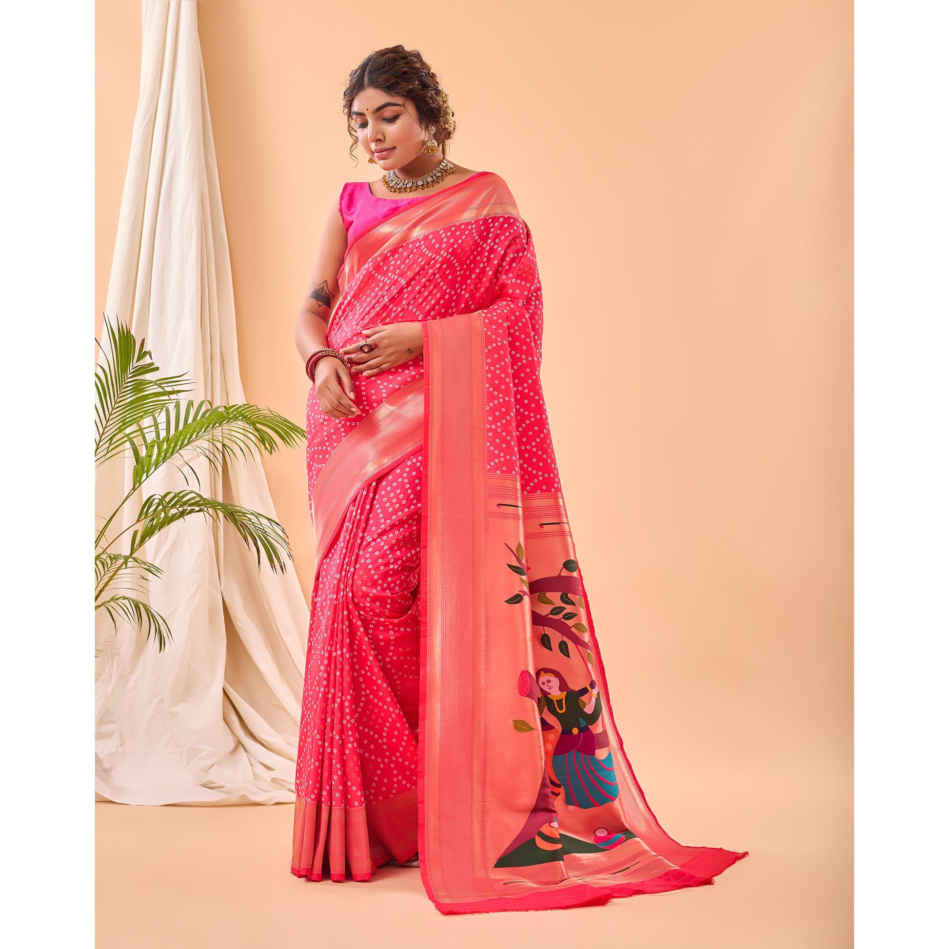 Bandhej Paithani Pink Paithani Silk Handwork Saree