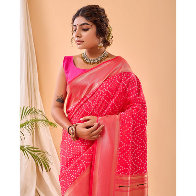 Bandhej Paithani Pink Paithani Silk Handwork Saree