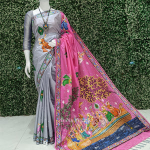 Pink Grey Boita Rasaleela Theme Hand-Painted Pattachitra Saree
