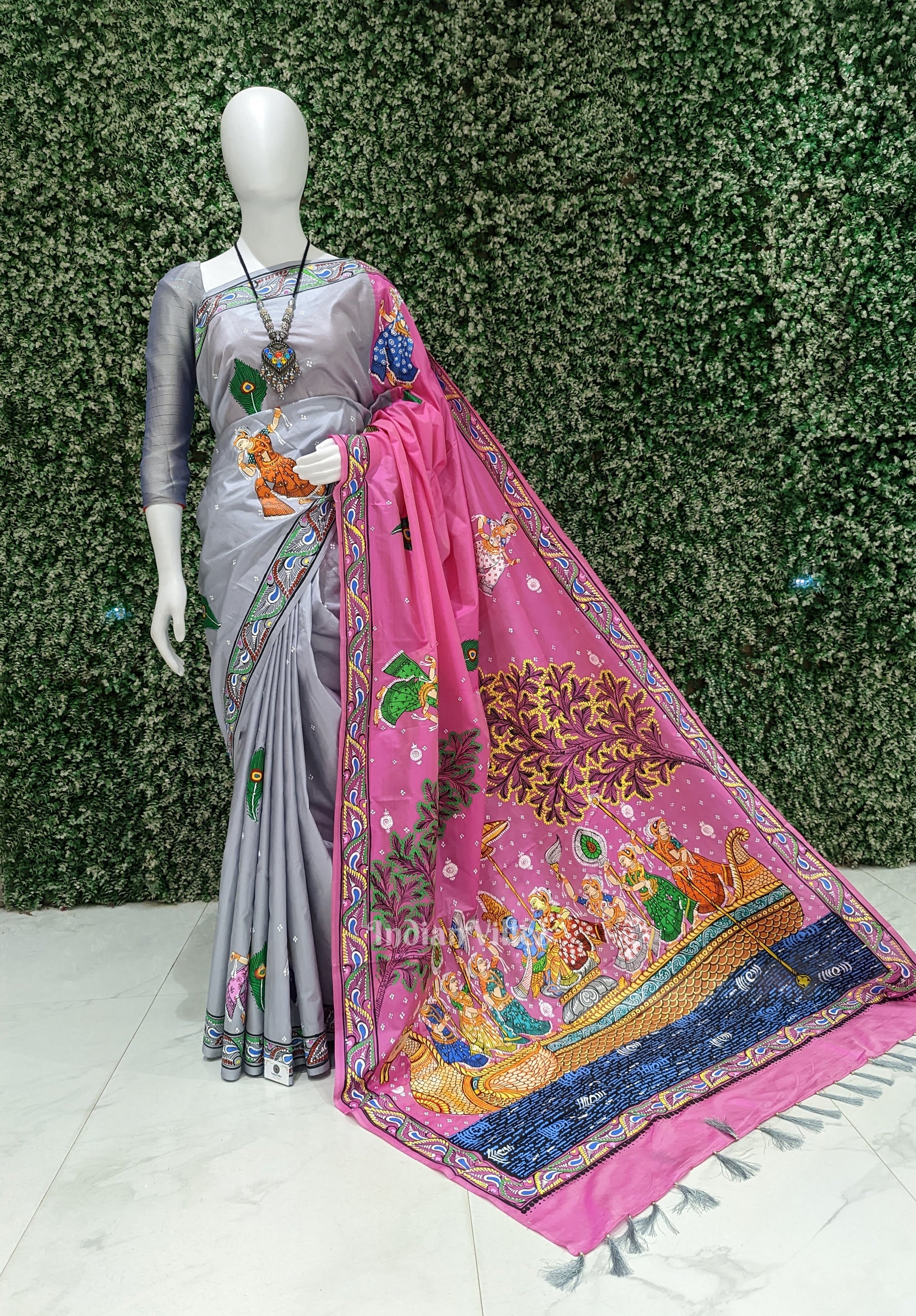 Pink Grey Boita Rasaleela Theme Hand-Painted Pattachitra Saree