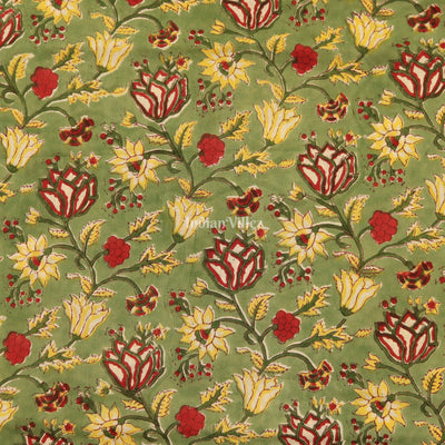 Green Multi Color Flower Motif Hand Block Printed Cotton Fabric