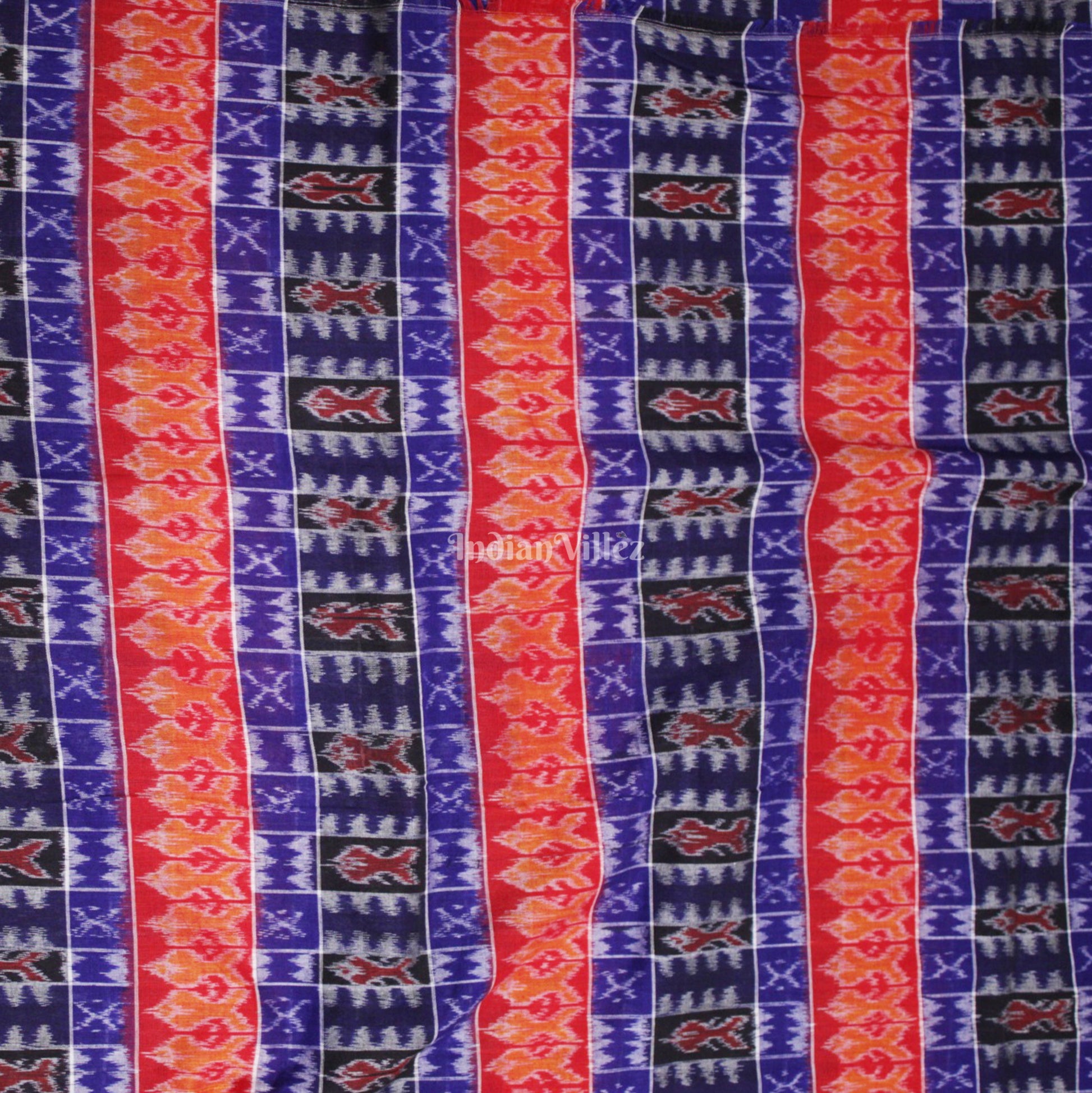 Red Blue Fish Motif Sambalpuri Ikat Cotton Fabric