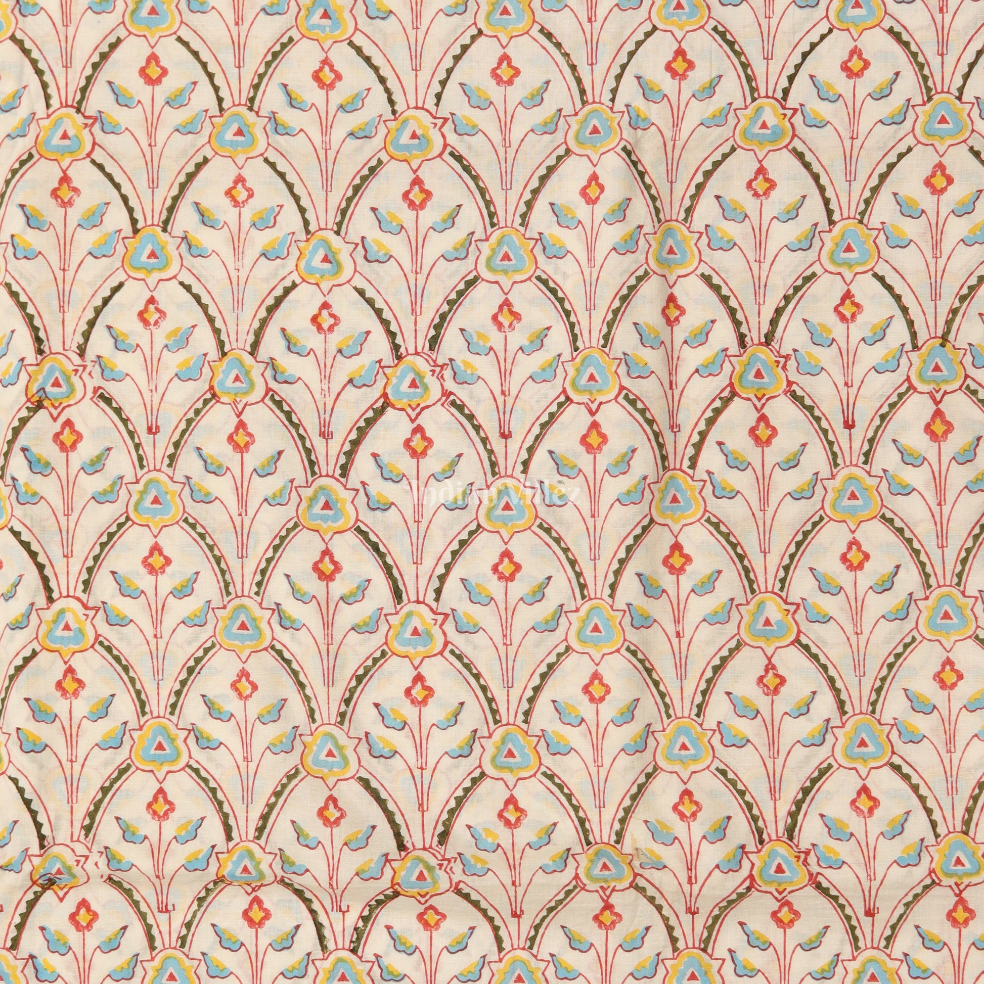 White Flower Motif Hand Block Printed Cotton Fabric