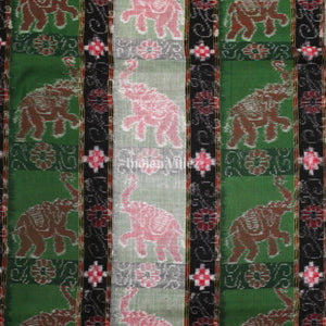 Green With Black Stripe Elephant Design Sambalpuri Ikat Cotton Fabric