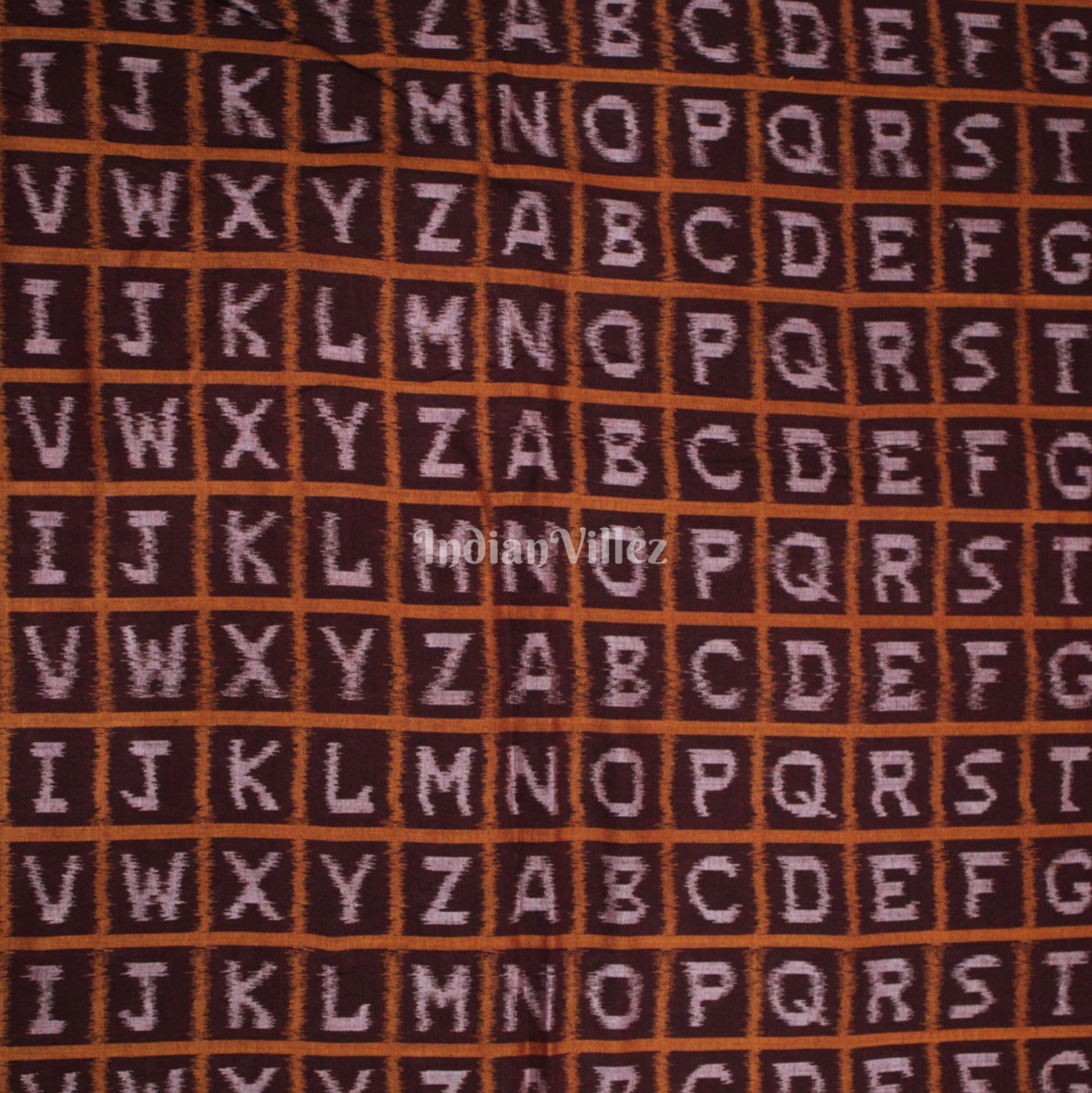 Coffee brown  With White English Alphabet Design Sambalpuri Ikat Cotton Fabric