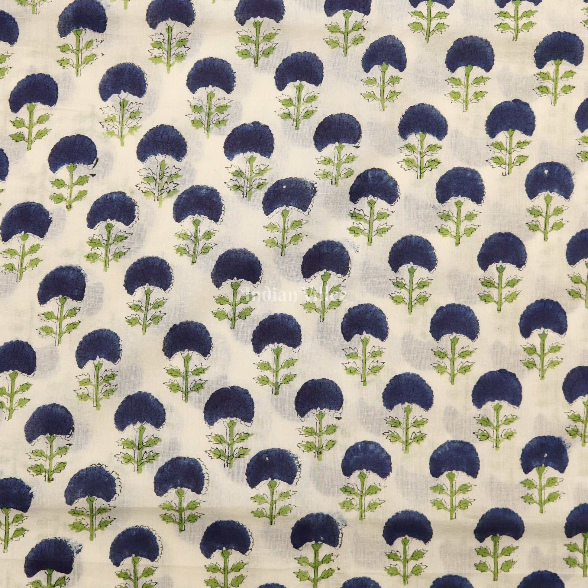 White Blue Flower Motif Hand Block Printed Cotton Fabric