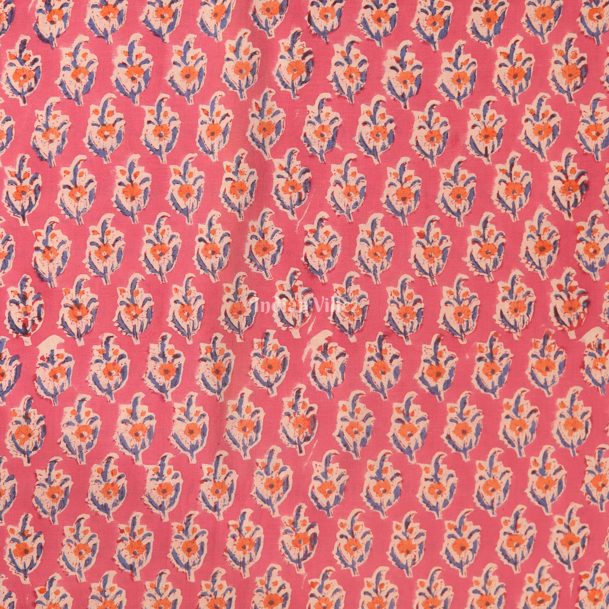 Pink Flower Motif Hand Block Printed Cotton Fabric