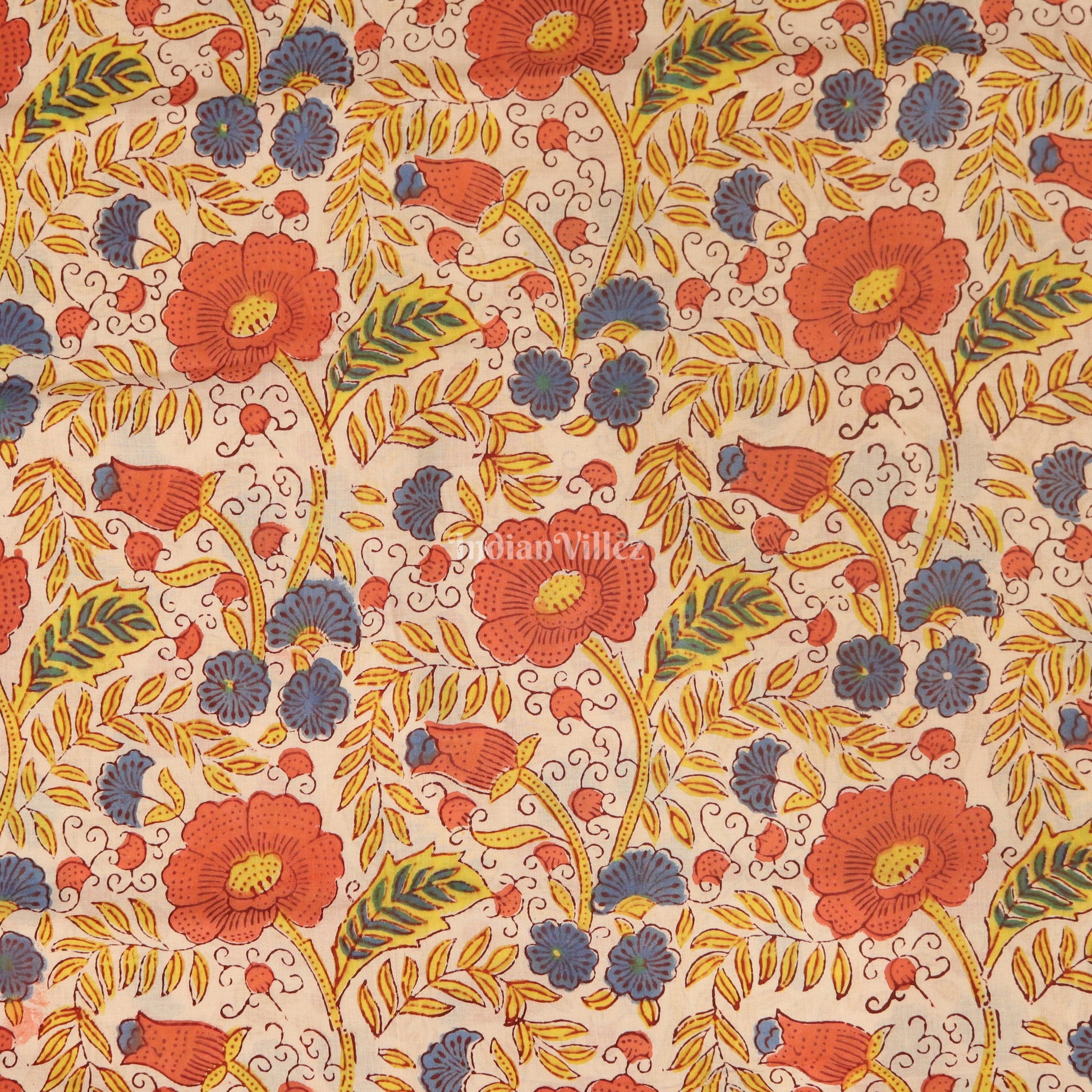 Cream Color Flower Dali Theme Hand Block Printed Cotton Fabric