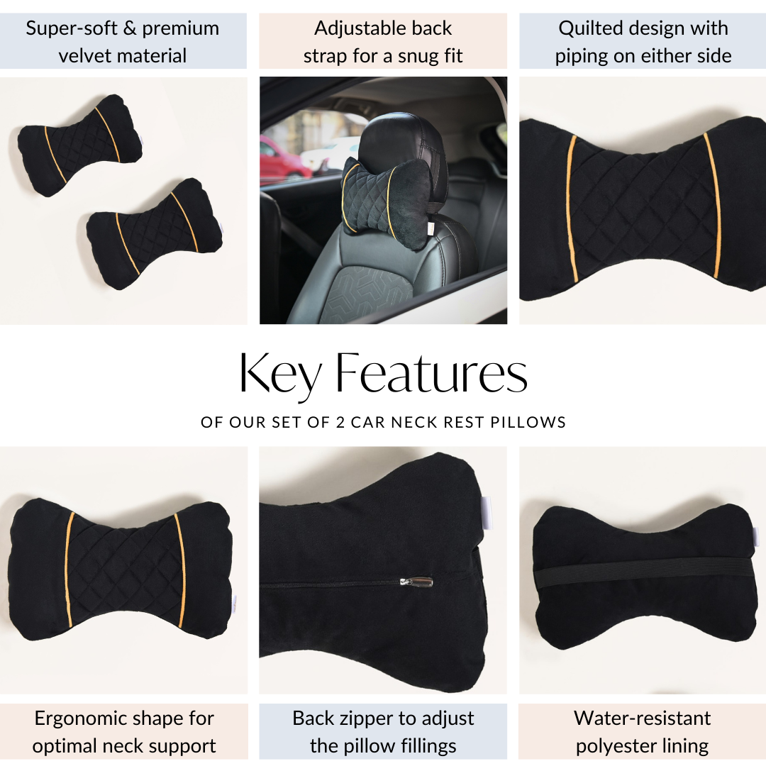 Premium Quilted Car Neck Rest Pillow Set Of 2 Black