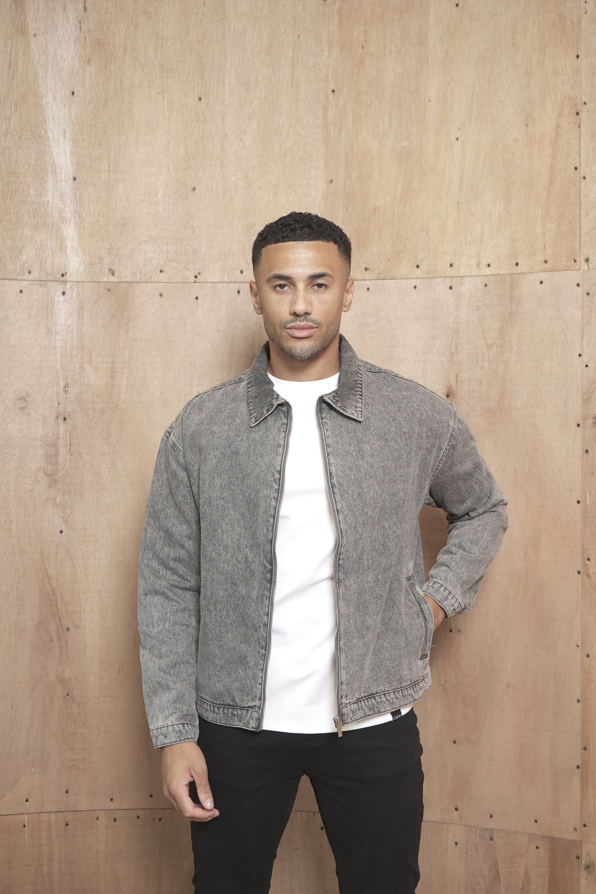 CAPO Washed Black Zip-Up Denim Jacket