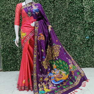 Purple Red Rasaleela Theme Hand-Painted Pattachitra Saree