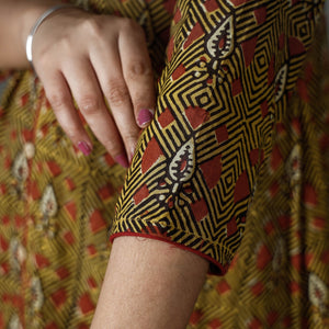 Brown - Pipad Block Printed Cotton A-Line Long Kurta