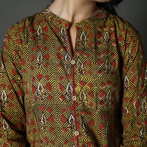 Brown - Pipad Block Printed Cotton A-Line Long Kurta