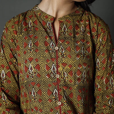 Brown - Pipad Block Printed Cotton A-Line Long Kurta