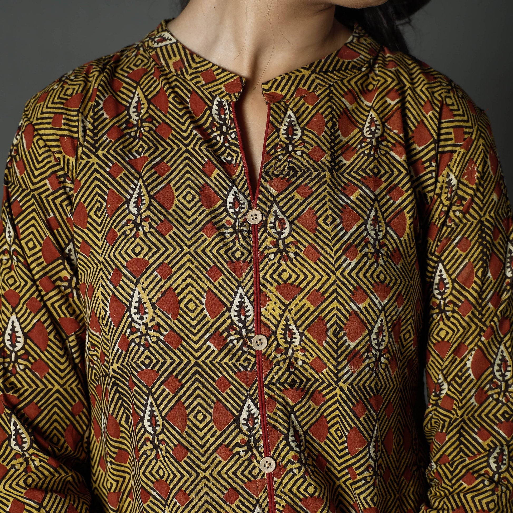 Brown - Pipad Block Printed Cotton A-Line Long Kurta