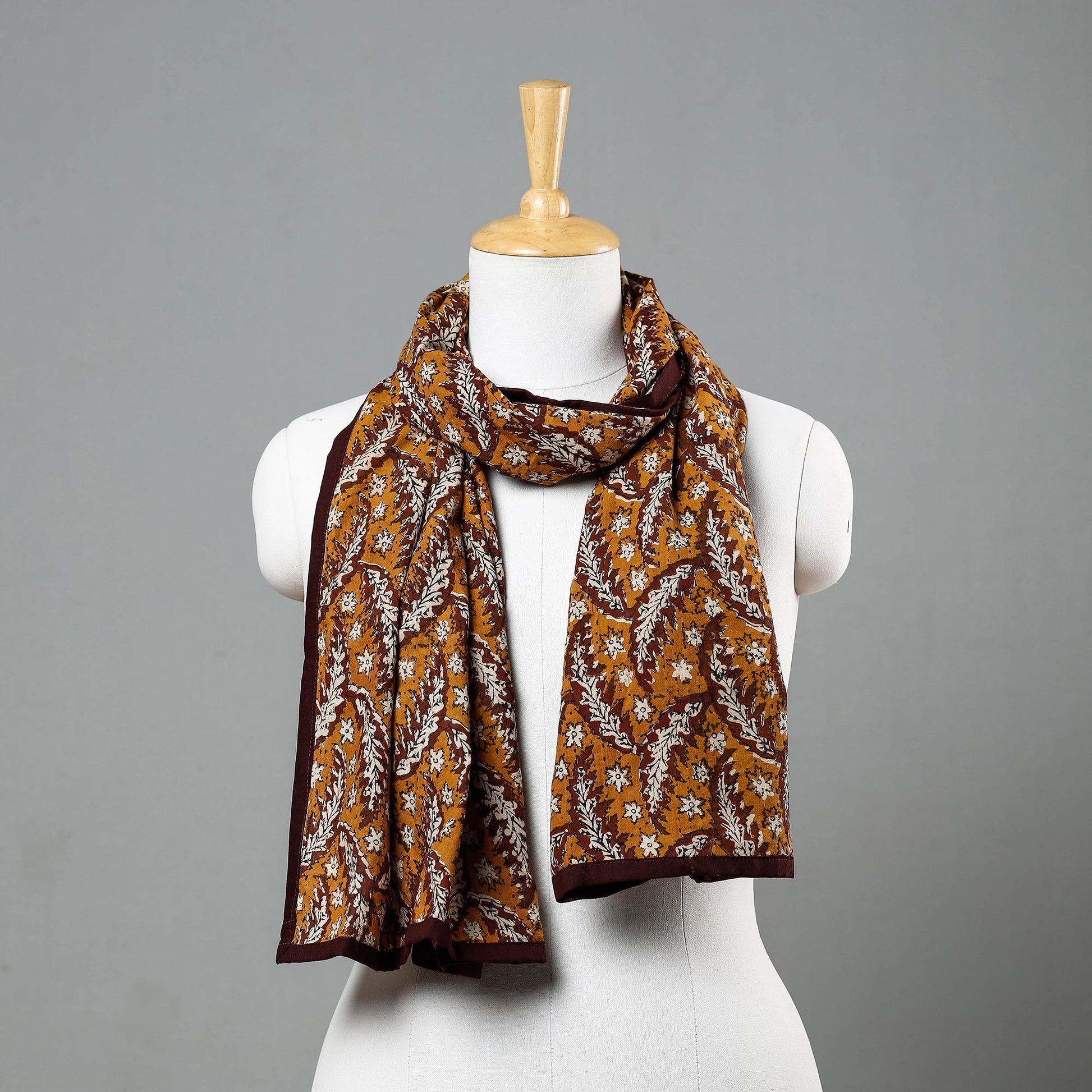 Brown - Bagru Block Printed Tagai  Work Cotton Stole