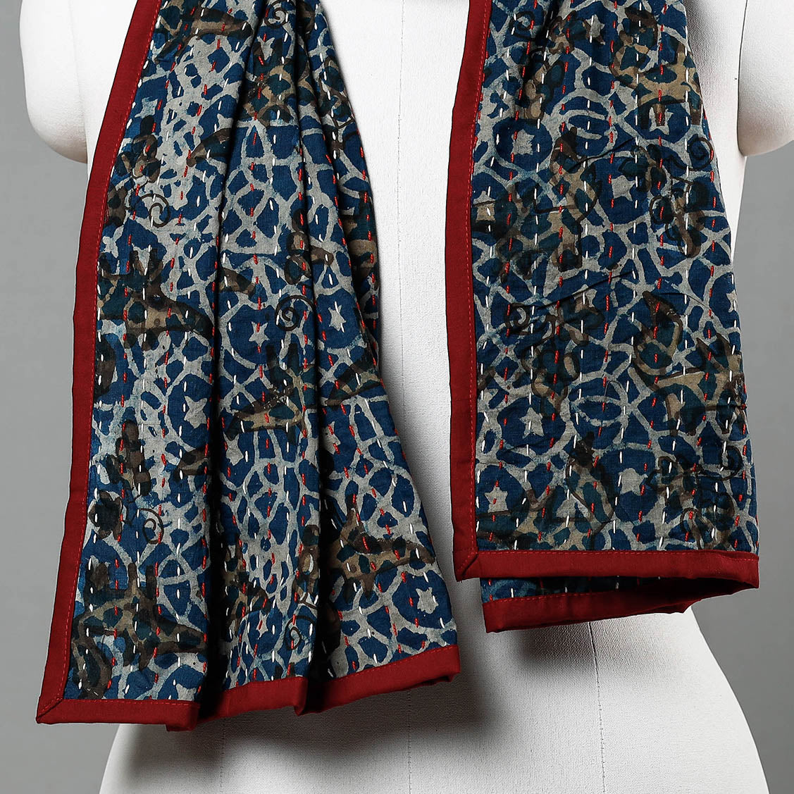 Blue - Bagru Block Printed Tagai  Work Cotton Stole
