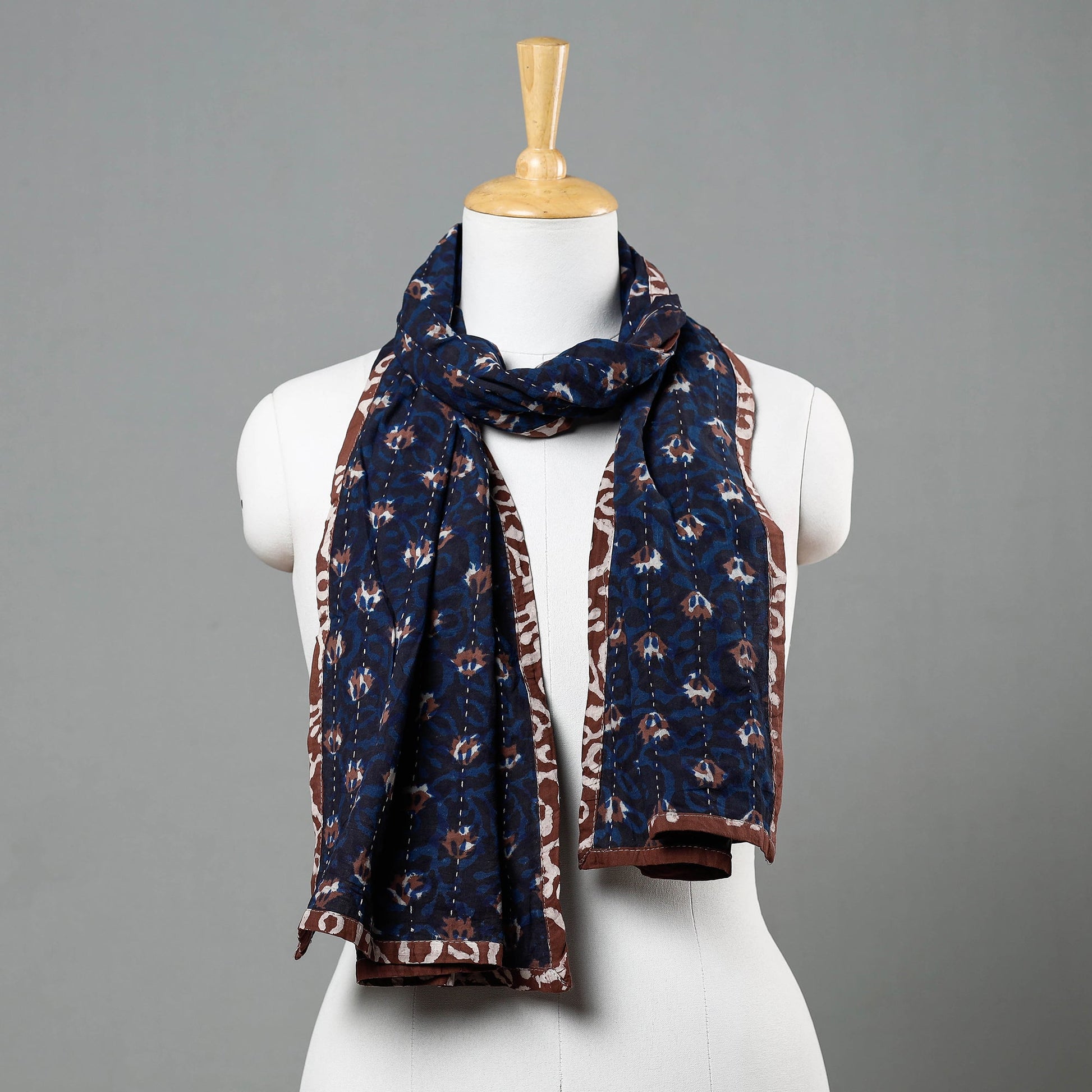 Blue - Bagru Block Printed Tagai  Work Cotton Stole