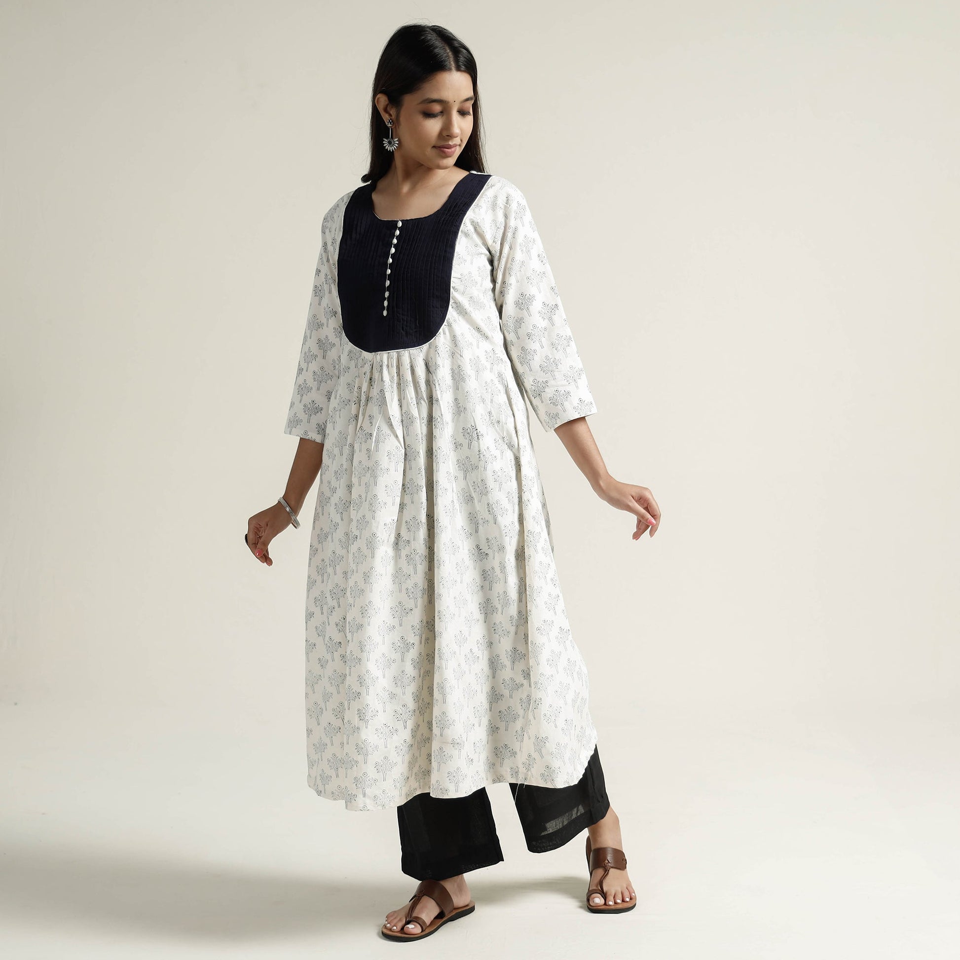 Beige - Mangalagiri Block Printed Cotton Kurta with Palazzo Set