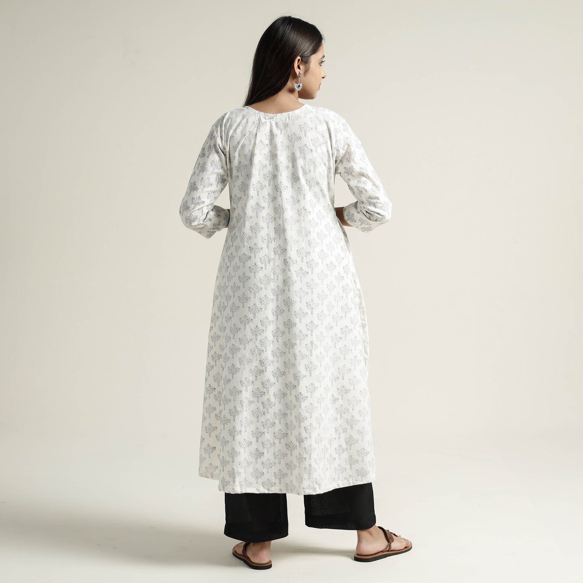 Beige - Mangalagiri Block Printed Cotton Kurta with Palazzo Set