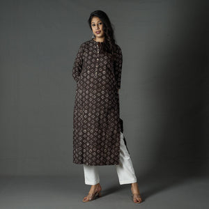 Brown - Pipad Block Printed Cotton Long Straight Kurta