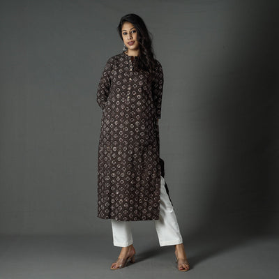 Brown - Pipad Block Printed Cotton Long Straight Kurta