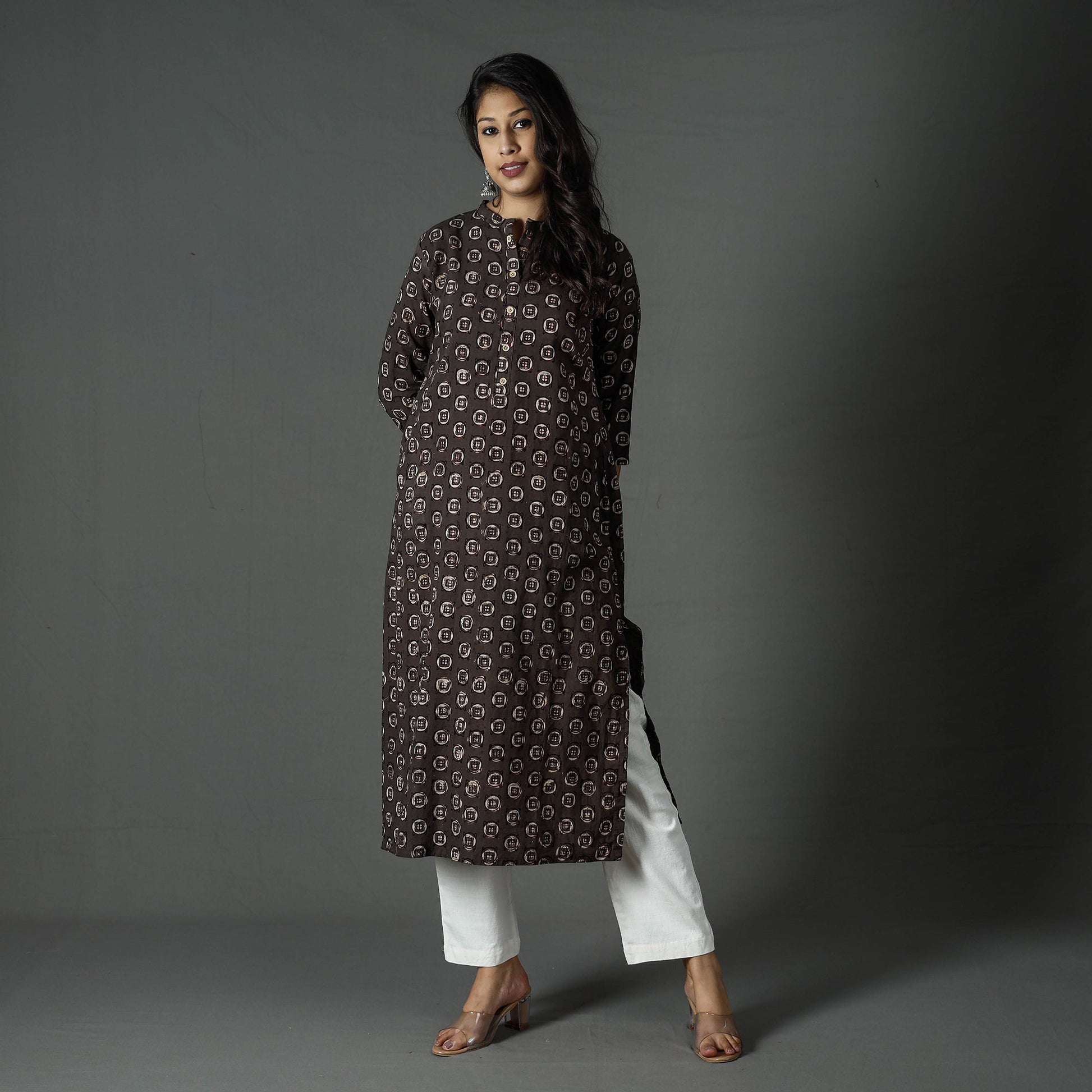 Brown - Pipad Block Printed Cotton Long Straight Kurta