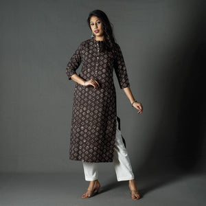 Brown - Pipad Block Printed Cotton Long Straight Kurta