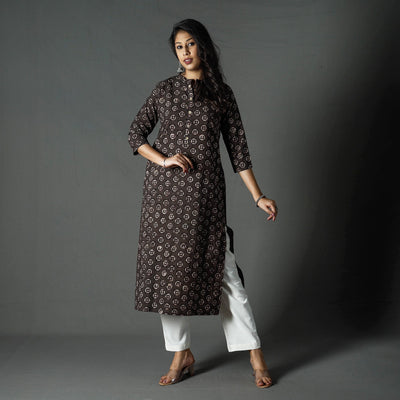 Brown - Pipad Block Printed Cotton Long Straight Kurta