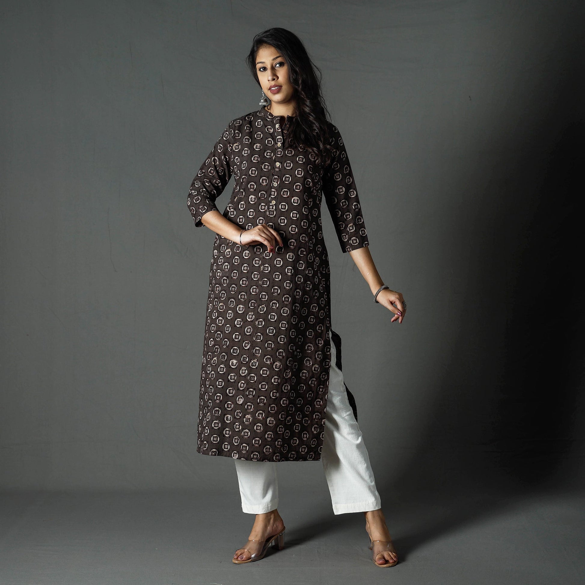 Brown - Pipad Block Printed Cotton Long Straight Kurta