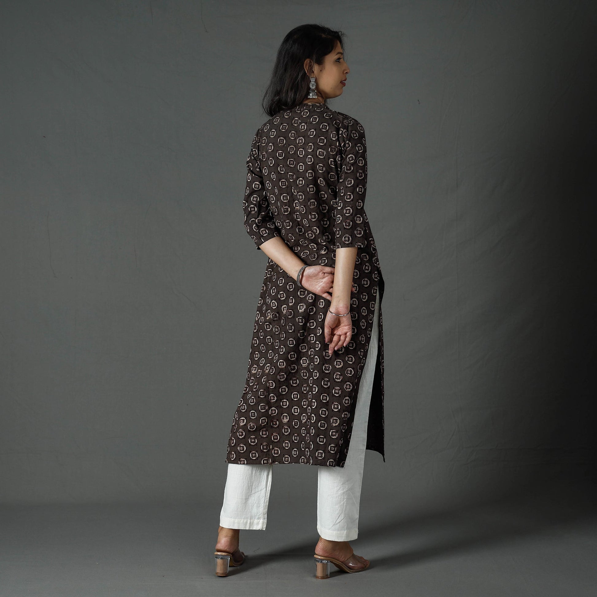 Brown - Pipad Block Printed Cotton Long Straight Kurta