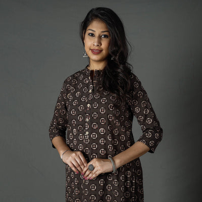 Brown - Pipad Block Printed Cotton Long Straight Kurta