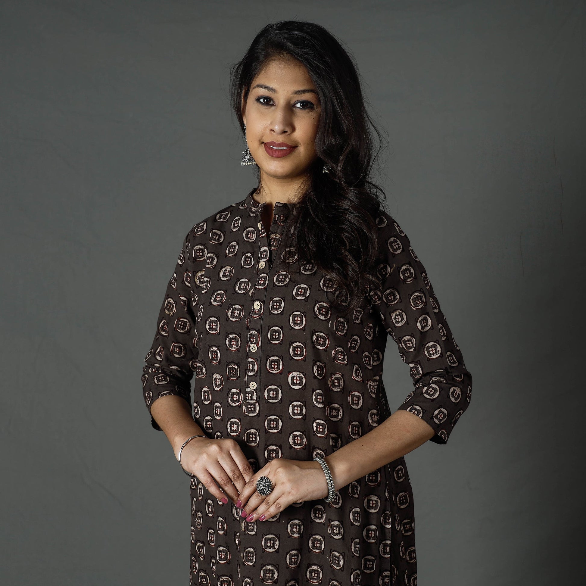 Brown - Pipad Block Printed Cotton Long Straight Kurta