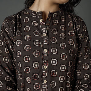 Brown - Pipad Block Printed Cotton Long Straight Kurta
