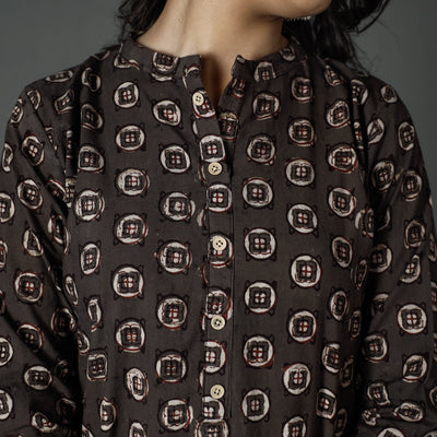 Brown - Pipad Block Printed Cotton Long Straight Kurta