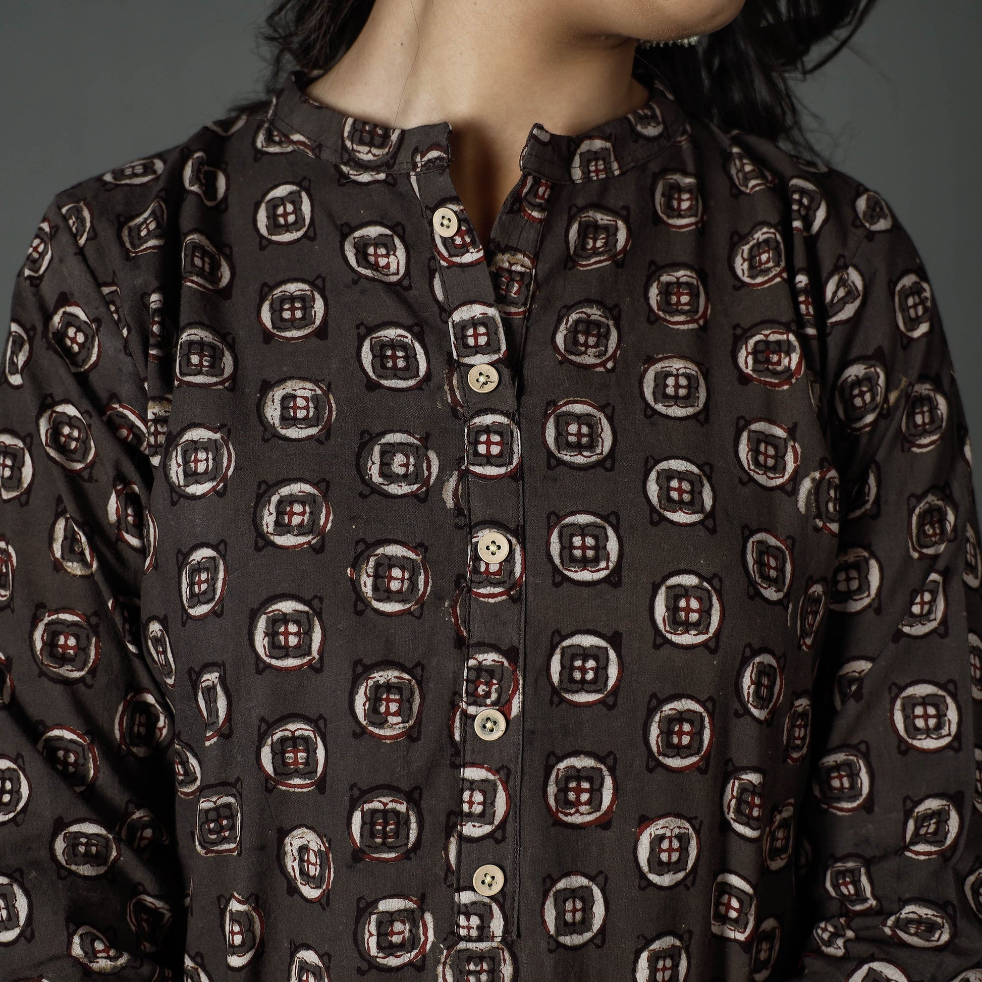 Brown - Pipad Block Printed Cotton Long Straight Kurta