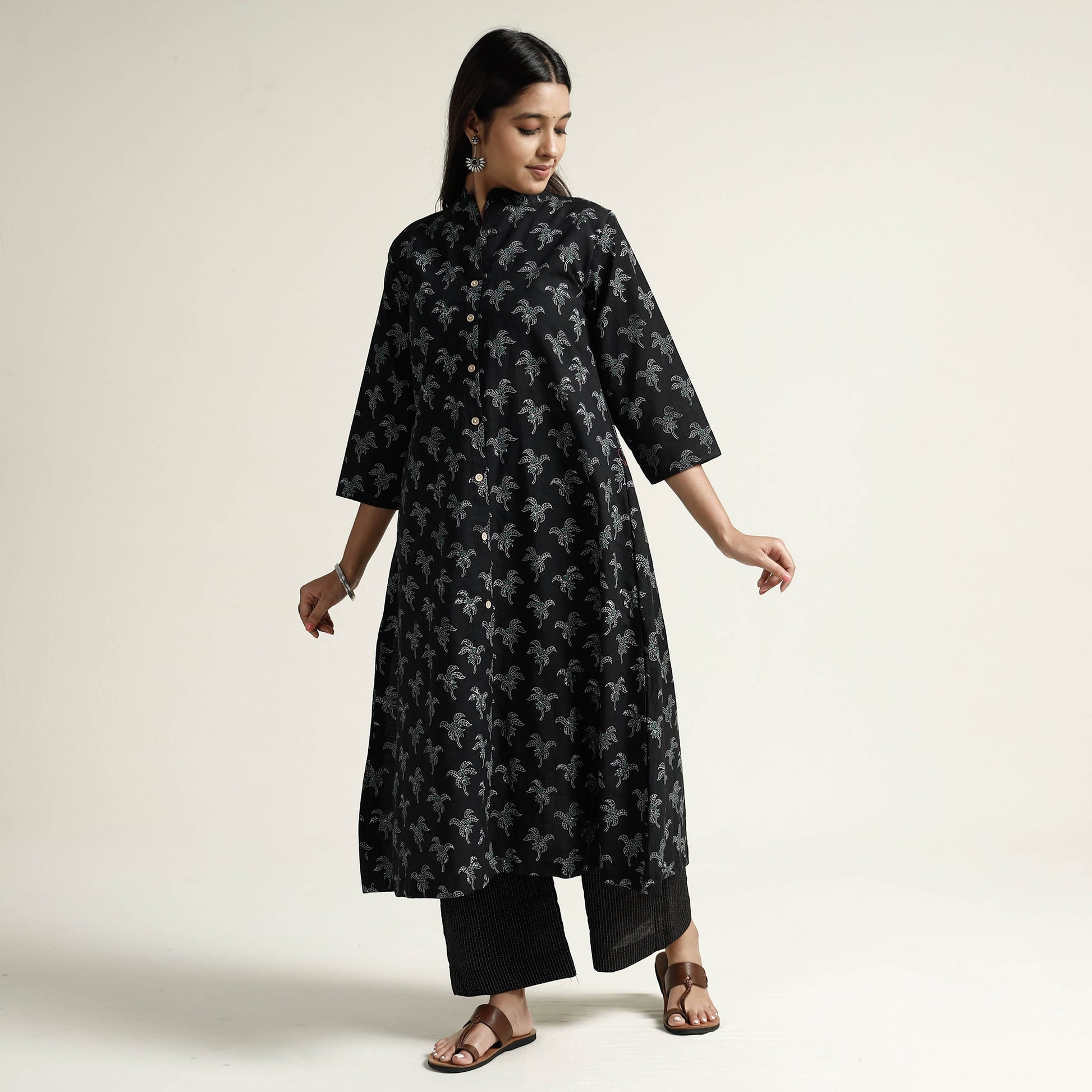 Black - Block Print Handwoven Cotton A-Line Mangalagiri Kurta 15