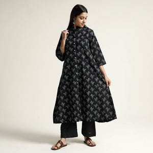 Black - Block Print Handwoven Cotton A-Line Mangalagiri Kurta 15