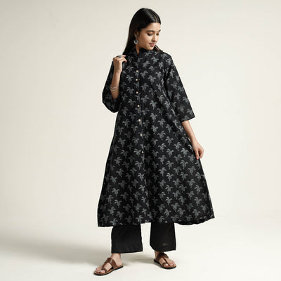 Black - Block Print Handwoven Cotton A-Line Mangalagiri Kurta 15