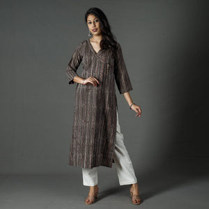 Brown - Pipad Block Printed Cotton Long Kurta